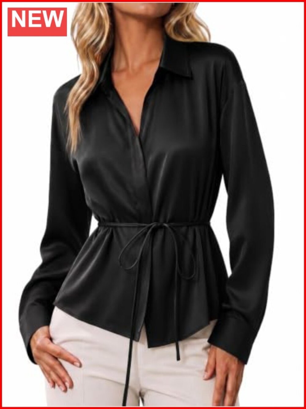 Silky Satin V Neck Button Down Blouse Long Sleeve Dressy Top